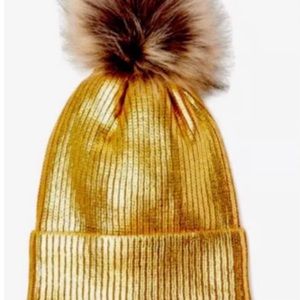 SCOOP Women's Gold Metallic Ribbed Knit Beanie Hat Faux Fur Pom-Pom One Size